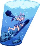  1girl blue_hair hair_ornament i-19_(kantai_collection) kantai_collection lowres pixel_art school_swimsuit solo swimsuit torpedo underwater warabin_(suteki_denpun) water 