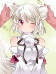  1girl animal_ears blush breasts detached_sleeves hammer_(sunset_beach) inubashiri_momiji large_breasts looking_at_viewer one_eye_closed red_eyes short_hair solo_focus tail touhou white_hair wolf_ears wolf_tail 