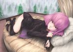 artist_request black_clothes gundam haman_karn lying pillow purple_hair short_hair thighs tree 