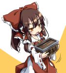  1girl bow box brown_eyes brown_hair commentary detached_sleeves donation_box dress hair_bow hair_ribbon hakurei_reimu long_hair long_sleeves noya_makoto open_mouth ponytail red_dress ribbon solo touhou wide_sleeves 