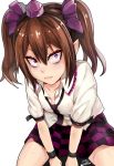  armband bags_under_eyes bow breasts brown_hair checkered hair_bow hat hata-tan himekaidou_hatate looking_up loose_necktie necktie open_clothes open_shirt pointy_ears purple_eyes simple_background sitting tokin_hat touhou twintails white_background wrist_cuffs yakan_7 