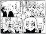  4girls 4koma book clipboard comic erica_hartmann gertrud_barkhorn glasses hands_on_hips military military_uniform minna-dietlinde_wilcke monochrome multiple_girls open_mouth papa ribbon robot salute siblings sisters strike_witches sweatdrop translated twins twintails uniform ursula_hartmann 