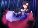  1girl animal_ears bamboo bamboo_forest bare_shoulders blush breasts brooch brown_hair dress forest imaizumi_kagerou jewelry large_breasts long_hair long_sleeves nature nnyara open_mouth red_eyes smile solo touhou wolf_ears 