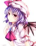  1girl ascot bat_wings blue_hair bow hat hat_bow red_eyes remilia_scarlet short_hair simple_background smile solo touhou vebonbon wings 