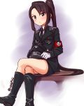  1girl a9b_(louis814) alternate_costume armband blush brown_eyes brown_hair crossed_legs hat hat_removed headwear_removed highres iron_cross kantai_collection long_hair looking_at_viewer military military_uniform nachi_(kantai_collection) peaked_cap ponytail sitting skirt solo totenkopf twitter_username uniform very_long_hair 