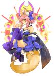  1girl animal_ears bare_shoulders blue_legwear bow breasts caster_(fate/extra) detached_sleeves fate/extra fate_(series) fox_ears fox_tail geta hair_bow hair_ribbon japanese_clothes mgk968 pink_hair ribbon solo tail thigh-highs twintails yellow_eyes 