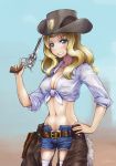  1girl artist_name blonde_hair blue_eyes blush chaps cowboy_hat denim denim_shorts front-tie_top girls_und_panzer grin gun hand_on_hip hat highres holding holster kay_(girls_und_panzer) long_hair long_sleeves midriff revolver shirt short_shorts shorts signature sleeves_rolled_up smile solo solokov_(okb-999) standing thigh-highs weapon white_legwear white_shirt 