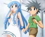  1boy 1girl aizawa_takeru black_hair blue_eyes blue_hair blush clothes_writing dress eating food gandoru grey_eyes highres holding_hands ice_cream ice_cream_cone ikamusume long_hair shinryaku!_ikamusume short_hair shorts spiky_hair sundress t-shirt tareme tentacle_hair 