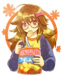  1girl :3 bow brown_eyes brown_hair fate/extra_ccc fate_(series) glasses hair_bow jinako_carigiri long_hair messy_hair mgk968 potato_chips solo sweater 