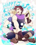  2boys blonde_hair boots brown_hair caesar_anthonio_zeppeli facial_mark fingerless_gloves gloves happy_birthday headband indian_style jojo_no_kimyou_na_bouken joseph_joestar_(young) koeri multiple_boys scarf sitting 