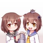  2girls brown_eyes brown_hair folded_ponytail highres ikazuchi_(kantai_collection) kantai_collection langbazi multiple_girls sailor_dress school_uniform serafuku sexually_suggestive short_hair yukikaze_(kantai_collection) 