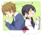  1boy 1girl back-to-back black_hair brown_hair closed_eyes kitashirakawa_tamako long_hair ooji_mochizou phone school_uniform short_hair string_phone tamako_market zaki_(ysk302) 