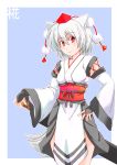  1girl animal_ears blush breasts detached_sleeves fingerless_gloves gloves hat inubashiri_momiji kourindou_tengu_costume light_smile looking_at_viewer pom_pom_(clothes) red_eyes short_hair silver_hair solo sword sword_bag tail tokin_hat touhou weapon wolf_ears wolf_tail 