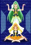  2girls blue_background choker dress earrings glasses green_eyes green_hair green_haired_cure_(wonderful_net_precure)_(happinesscharge_precure!) green_skirt hair_ornament happinesscharge_precure! happy highres jewelry long_hair looking_at_viewer magical_girl moritakusan multiple_girls open_mouth orange_eyes orange_hair orange_haired_cure_(wonderful_net_precure)_(happinesscharge_precure!) orange_skirt ponytail precure shirt shoes short_hair sitting skirt smile standing vest wrist_cuffs 