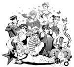  1girl 6+boys bubble butterfly flower giorno_giovanna haruka4413 heart higashikata_jousuke higashikata_jousuke_(jojolion) johnny_joestar jojo_no_kimyou_na_bouken jonathan_joestar joseph_joestar_(young) kuujou_jolyne kuujou_joutarou monochrome multiple_boys scarf steel_ball_run 