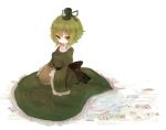 1girl ashiyu_(ashu-ashu) breasts dress green_dress green_hair hat jar ofuda simple_background soga_no_tojiko solo tate_eboshi touhou white_background 