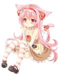  1girl animal_ears blush bow collarbone dress frills full_body hairband heart lolita_hairband long_hair mary_janes neck_garter original paw_print pink_eyes pink_hair ribbon shoes simple_background sitting solo spaghetti_strap striped striped_legwear tail thigh-highs unname very_long_hair white_background 