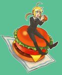  1girl blonde_hair eating fate/zero fate_(series) food formal hamburger lowres nanakamado1 pant_suit ponytail reverse_trap saber solo suit 