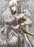  1girl armlet ass bare_shoulders breasts grey_eyes large_breasts lips long_hair looking_at_viewer original polearm silver_hair solo spear tanupo very_long_hair weapon 
