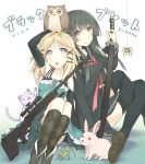  2girls :3 bird black_bullet black_hair blonde_hair blue_eyes cat furumiya_haiji gun highres katana mantis multiple_girls owl rabbit rifle sniper_rifle spider sword tendou_kisara tina_sprout violet_eyes weapon 