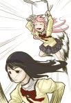  2girls :d akemi_homura black_hair bow chair_smash closed_eyes goddess_madoka hairband kaname_madoka locomon long_hair mahou_shoujo_madoka_magica multiple_girls open_mouth pink_hair red_eyes running school_uniform skirt smile speed_lines spoilers two_side_up 