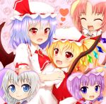  5girls ascot bat_wings blonde_hair blue_eyes blue_hair bow braid brooch closed_eyes crescent_hair_ornament fang flandre_scarlet floral_background flower hair_bow hair_ornament hand_on_another&#039;s_head heart hong_meiling hug izayoi_sakuya jewelry looking_at_viewer mob_cap multiple_girls open_mouth patchouli_knowledge payot pink_background purple_hair red_eyes redhead remilia_scarlet rose shiron_(e1na1e2lu2ne3ru3) short_sleeves side_ponytail silver_hair smile touhou twin_braids violet_eyes wings 
