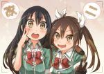  2girls :d black_gloves black_hair blush bow bowtie brown_eyes brown_hair chikuma_(kantai_collection) fang gloves hand_on_another&#039;s_shoulder kantai_collection long_hair multiple_girls open_mouth ribbon smile taking_picture tone_(kantai_collection) twintails umino_mokuzu_(shizumisou) v white_ribbon 