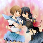  2girls black_hair brown_hair kill_la_kill mankanshoku_mako matoi_ryuuko multiple_girls one_eye_closed rasikiti school_uniform senketsu serafuku short_hair skirt smile suspenders 