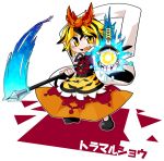  1girl bishamonten&#039;s_pagoda black_hair blonde_hair byourou character_name fang hair_ornament multicolored_hair open_mouth polearm short_hair simple_background solo spear toramaru_shou touhou two-tone_hair weapon white_background yellow_eyes 