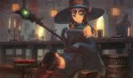  1girl armor black_legwear blouse blue_eyes blue_gloves book boots breasts brown_hair candle cape chair corset cross drum_(container) elbow_gloves food full_armor gloves hat helmet lips long_hair magician original sitting skirt sleeveless smile solo staff table thigh-highs witch witch_hat yoshitake 