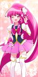  1girl aino_megumi blush boots cure_lovely earrings eyelashes hair_ornament happinesscharge_precure! happy heart heart_hair_ornament jewelry looking_at_viewer magical_girl namizou one_eye_closed open_mouth pink_eyes pink_hair pink_skirt ponytail precure puffy_sleeves ribbon shirt skirt smile solo standing thigh-highs thigh_boots vest wrist_cuffs zettai_ryouiki 