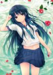  1girl absurdres arm_up blue_hair coffee-kizoku flower highres long_hair lying midriff navel on_back partially_submerged payot petals pleated_skirt scan school_uniform serafuku skirt solo violet_eyes water wet wet_clothes 