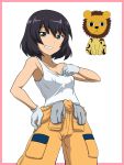  1girl black_hair emblem girls_und_panzer gloves green_eyes grin hand_on_hip highres hoshino_(girls_und_panzer) leopard looking_at_viewer oonishi_shunsuke overalls short_hair smile solo standing sweat tank_top 