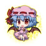  1girl bat_wings blue_hair blush bow brooch chibi dress fang hat hat_bow jewelry looking_at_viewer mob_cap noai_nioshi open_mouth pink_dress puffy_short_sleeves puffy_sleeves red_eyes remilia_scarlet short_sleeves smile solo sparkle touhou wings 