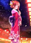  1girl 3: alternate_costume architecture blush cherry_blossoms east_asian_architecture embarrassed floral_print flower from_behind hair_flower hair_ornament hair_up highres japanese_clothes kimono love_live!_school_idol_project night night_sky nishikino_maki playing_with_own_hair redhead revision short_hair sky solo standing swordsouls violet_eyes 