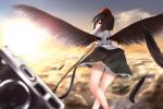  1girl above_clouds bare_legs bird_wings black_hair blouse blue_sky blurry camera clouds depth_of_field feathers flying from_behind hat lens_flare looking_at_viewer looking_back red_eyes rok_(guitar0706) shameimaru_aya short_hair skirt sky solo strap sun tokin_hat touhou 