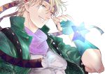  1boy blonde_hair caesar_anthonio_zeppeli facial_mark feathers fingerless_gloves gloves green_jacket hair_feathers headband jacket jojo_no_kimyou_na_bouken koeri one_eye_closed scarf solo star 