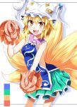  1girl adapted_costume bare_arms bare_shoulders cheerleader e.o. fox_tail hat hat_with_ears highres looking_at_viewer multiple_tails open_mouth orange_eyes pom_poms skirt smile solo tabard tail touhou yakumo_ran 
