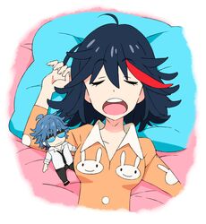  black_hair character_doll closed_eyes kill_la_kill lying mako_(macomaco7) matoi_ryuuko mikisugi_aikurou multicolored_hair open_mouth pajamas pillow sleeping streaked_hair 