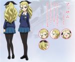  1girl assam black_legwear blonde_hair blue_eyes bow character_sheet concept_art dress_shirt expressions girls_und_panzer hair_bow insignia long_hair miniskirt necktie official_art pantyhose pleated_skirt school_uniform shirt shoes skirt smile standing sugimoto_isao translated turnaround 