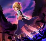  1girl ascot blonde_hair blouse clouds cloudy_sky darkness dusk foreshortening forest hair_ribbon nature nnyara ribbon rumia short_hair skirt sky smile touhou vest 