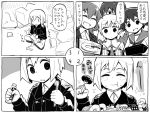  4koma 5girls :t blush_stickers charlotte_e_yeager closed_eyes comic doughnut eating erica_hartmann fork gertrud_barkhorn gift military military_uniform miyafuji_yoshika monochrome multiple_girls papa sanya_v_litvyak smile strike_witches toothbrush toothpaste translated uniform 