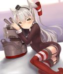  1girl amatsukaze_(kantai_collection) brown_eyes cannon garter_straps gloves hair_tubes kantai_collection long_hair red_legwear rensouhou-kun ryuinu school_uniform silver_hair sitting striped striped_legwear thigh-highs turret twintails 