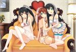  3girls agano_(kantai_collection) alternate_costume black_hair braid breasts bridal_veil bride brown_hair couch dress e_neko elbow_gloves gloves green_eyes highres kantai_collection long_hair multiple_girls noshiro_(kantai_collection) open_mouth panties ponytail red_eyes sitting thigh-highs twin_braids underwear veil wedding_dress white_panties yahagi_(kantai_collection) 