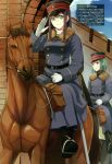  2girls animal aqua_hair arch bag belt black_boots blue_eyes blue_sky boots brick_wall bridle buttons clouds coat genderswap gloves green_eyes hat highres holding horse horseback_riding long_hair long_sleeves looking_at_viewer looking_away mc_axis military military_hat military_uniform multiple_girls original outdoors oyama_iwao prime purple_hair real_life riding saddle short_hair sky smile text translation_request uniform white_gloves 