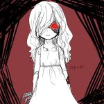  1girl artist_request character_name cyborg dress glowing glowing_eye long_hair parted_lips red red_eyes scp-191 scp_foundation solo 