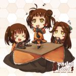  &gt;_&lt; +_+ 3girls ahoge blush_stickers brown_hair character_name chibi controller double_bun jintsuu_(kantai_collection) kantai_collection kotatsu long_hair multiple_girls musical_note naka_(kantai_collection) neckerchief on_table pleated_skirt pointing pointing_up remote_control sendai_(kantai_collection) short_hair singing skirt smile table umino_mokuzu_(shizumisou) yellow_eyes 