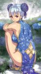  1girl armlet bare_legs bare_shoulders breasts china_dress chinese_clothes flower hair_flower hair_ornament houtengeki large_breasts looking_at_viewer looking_back no_panties original short_hair silver_hair smile solo squatting violet_eyes 