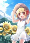  1girl alternate_costume blonde_hair blue_sky clouds dress fang field flower flower_field hair_ribbon hat highres looking_at_viewer mountain open_mouth red_eyes ribbon rumia sky sleeveless sleeveless_dress smile solo soramuko straw_hat sunflower touhou white_dress 