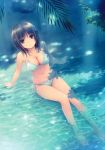  1girl absurdres arm_support bare_legs bare_shoulders barefoot bikini black_eyes black_hair breasts cleavage coffee-kizoku flower green_bikini hair_ornament hairclip highres leaning_back looking_up navel partially_submerged scan side-tie_bikini sitting solo swimsuit water 